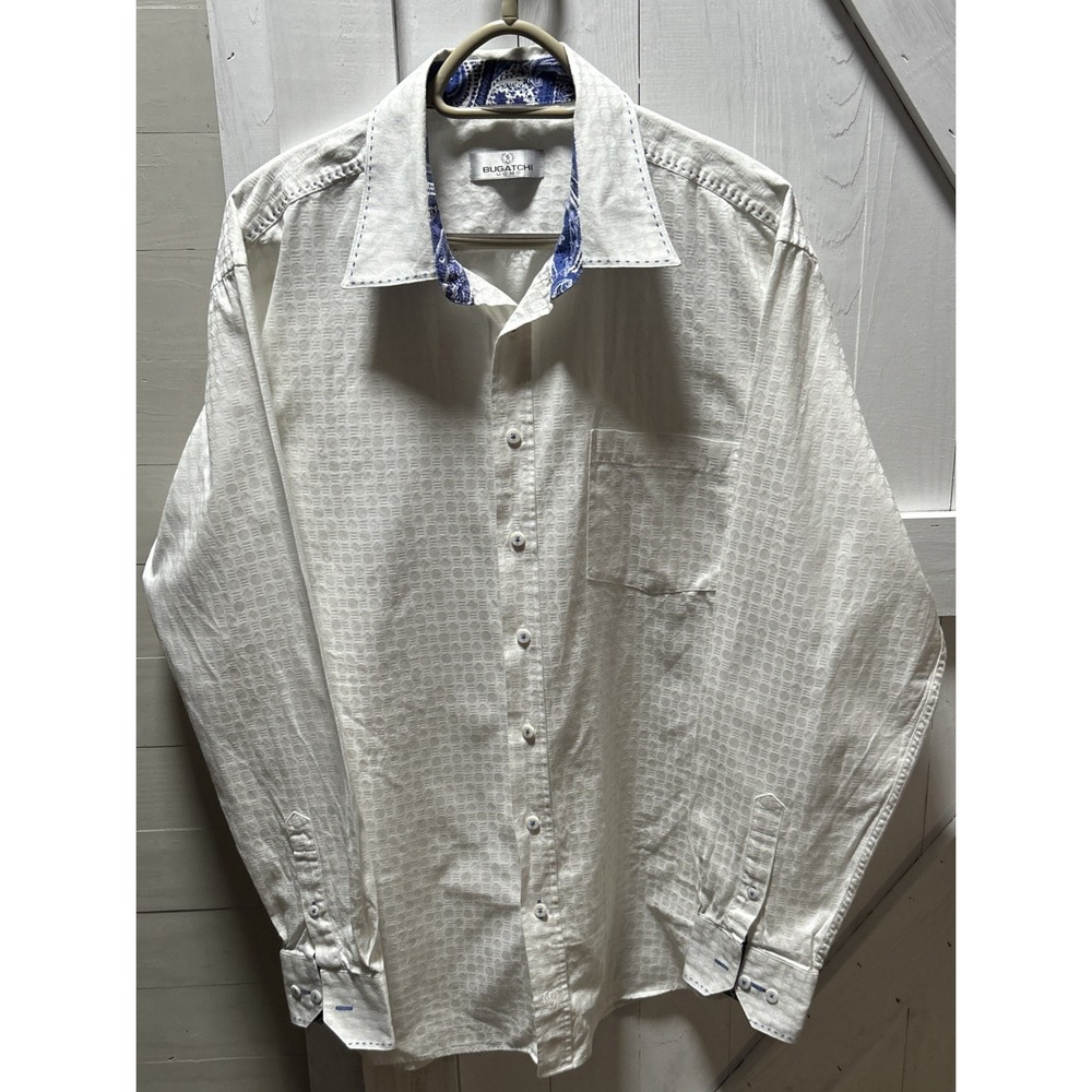 Bugatchi UOMO Men's Size XXL Long Sleeve Shirt White/Blue Accents Small Stain